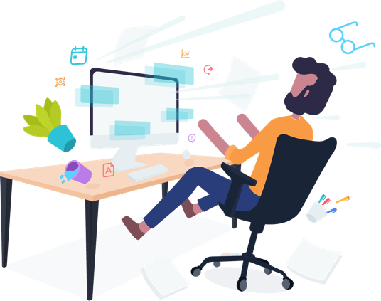 Ilustração de um homem sentado em uma cadeira de escritório trabalhando em um computador